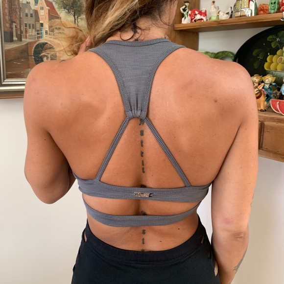Bombshell Sportswear Tops - BOMBSHELL GRAY RIB RACER DOUBLE BACK STRAP SPORTS BRA